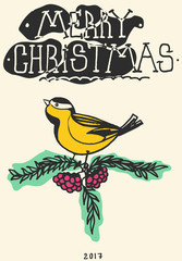 Sketch of titmouse bird sitting on a flowering branch.