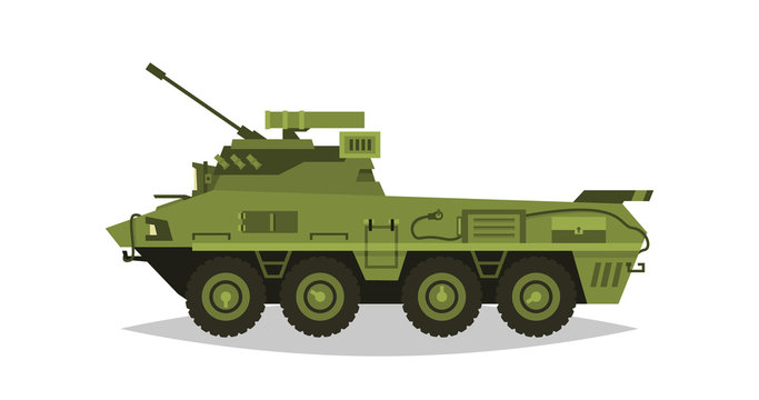 Armored infantry vehicle. Exploration, inspection, optical review, armor, protection, gun, ammo. Equipment for the war. The attack on the enemy. Heavy trucks, all-terrain vehicle. Vector illustration.
