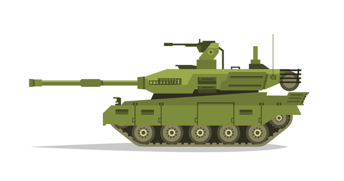Military tank. Heavy Equipment. Armored Corps. A lot of iron. Cannon, optical review submachine gun, shells. Tracked vehicles. Equipment for the war. The attack on the enemy. Vector illustration