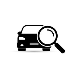 Search car sign, vector. Magnifying glass with car. Search car symbol. Looking for car.