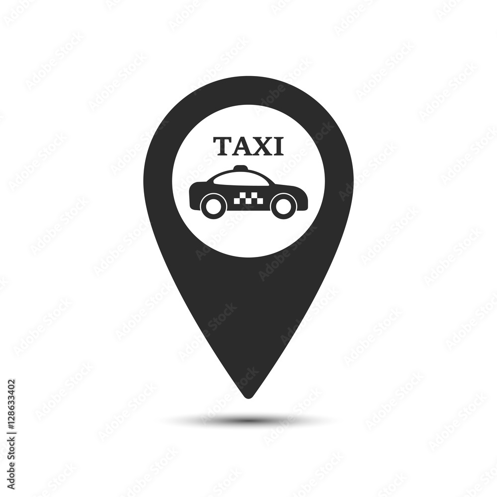 Poster map pointer with symbol taxi cab in flat design. for location maps. black sign for navigation. index