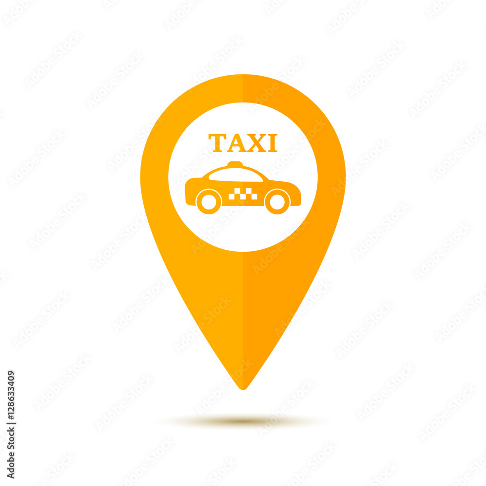 Poster map pointer with symbol taxi cab in flat design. for location maps. yellow sign for navigation. inde