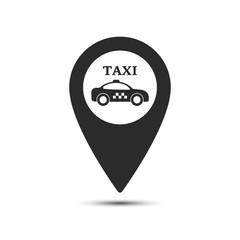 Map pointer with symbol taxi cab in flat design. For location maps. Black sign for navigation. Index location on map. Vector isolated illustration.