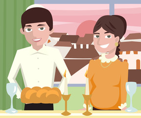 young jewish couple at shabbat dinner