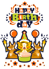 Greeting card happy birthday. Designed for printing invitations, wishes. Lion Drumming. Kangaroo and her baby. Squib. Balloon explosion, fireworks, stars. White background. Vector illustration