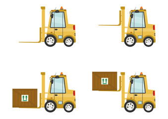 Cartoon forklift. Side view. Flat vector.