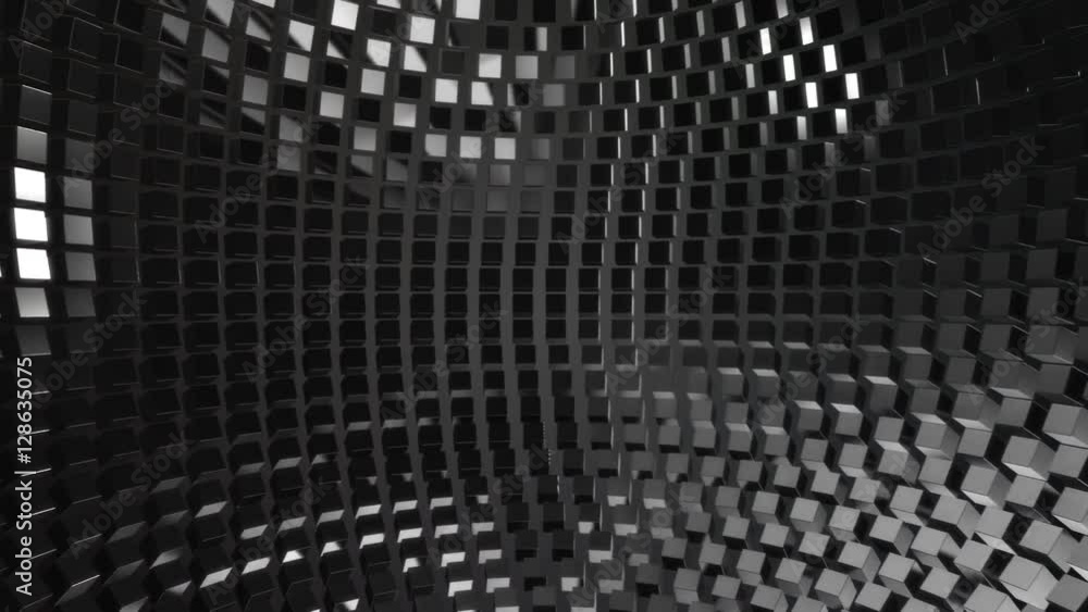 Poster seamless looping animation of chrome cubes moving in geometric shapes