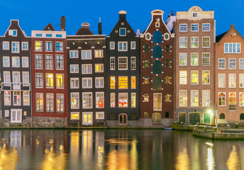 Amsterdam. Night view of the houses along the canal.