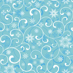 Fototapeta na wymiar Seamless pattern with swirl and snowflakes on a blue background