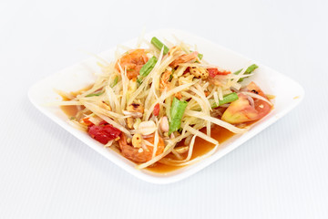 Thai food papaya salad on white dish