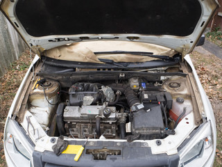 under the hood of the car

