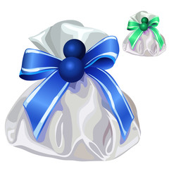 White silk bag for gifts with blue bow. Vector