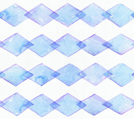Large seamless raster texture with blue rhombus in horizontal rows on white watercolor paper. Creative grainy illustration hand drawn with brush. Creative pattern in simple symmetrical style