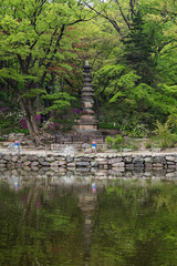 Fototapeta na wymiar View of lush trees and stone pagoda next to the Chundangji pond - the rear garden of Changgyeonggung Palace in Seoul, South Korea.