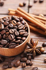 Roasted coffee beans on a brown wooden table
