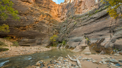 The walls are vertical and sheer, and often red in color. Tunnel is one of the most popular areas. Narrows in Zion National Park, Utah, USA