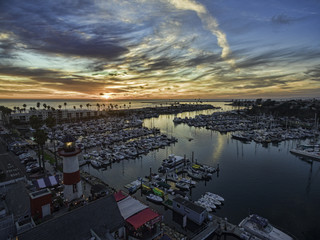 Oceanside harbor aerial at sunset. HDR image that includes the little lighthouse to left. Oceanside is 40 miles North of San Diego, California, USA.