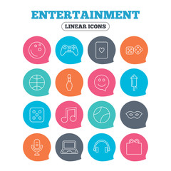 Entertainment icons. Game console joystick, notebook and microphone symbols. Poker playing card, dice and mask thin outline signs. Musical note and smile in speech bubble. Vector