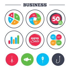 Business pie chart. Growth graph. Fishing icons. Fish with fishermen hook sign. Float bobber symbol. Super sale and discount buttons. Vector