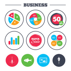 Business pie chart. Growth graph. Fishing icons. Fish with fishermen hook sign. Float bobber symbol. Aquarium icon. Super sale and discount buttons. Vector