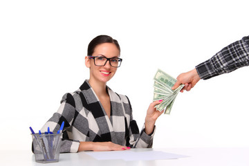 Business woman holding money dollar bills in hand,  Financial reward