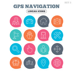 GPS navigation icons. Car, Bus and Ship transport. You are here, map pointer symbols. Search gas or petrol stations, hotels. A to B distance. Flat speech bubbles with linear icons. Vector