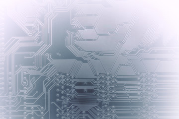Circuit board toned into light blue. Electronic computer hardware technology. Motherboard digital chip. Tech science background. Integrated communication processor. Information engineering component.