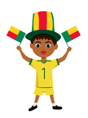 Fan of Benin national football team, sports. Boy with flag in the colors of the state command with sports paraphernalia.