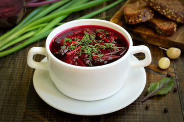 Appetizing red borscht soup