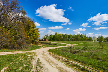 Fototapeta na wymiar Summer landscape. The road near the forest on a background of blue sky with clouds