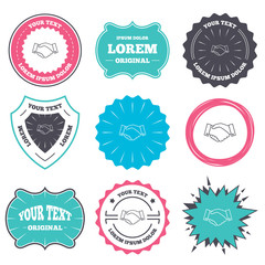 Label and badge templates. Handshake sign icon. Successful business symbol. Retro style banners, emblems. Vector