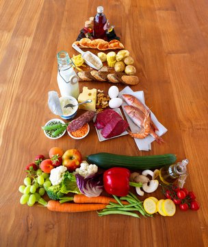 Food pyramid on wooden table