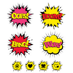 Comic Boom, Wow, Oops sound effects. Heart ribbon icon. Timer stopwatch symbol. Love and Heartbeat palpitation signs. Speech bubbles in pop art. Vector