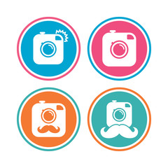 Hipster photo camera with mustache icons. Retro camera symbols. Colored circle buttons. Vector