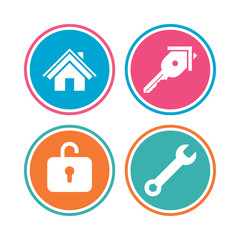 Home key icon. Wrench service tool symbol. Locker sign. Main page web navigation. Colored circle buttons. Vector