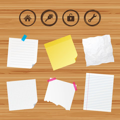 Business paper banners with notes. Home key icon. Wrench service tool symbol. Locker sign. Main page web navigation. Sticky colorful tape. Vector
