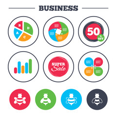 Business pie chart. Growth graph. Honey bees icons. Bumblebees symbols. Flying insects with sting signs. Super sale and discount buttons. Vector