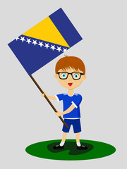 Fan of Bosnia and Herzegovina national football team, sports. Boy with flag in the colors of the national command with sports paraphernalia.