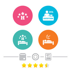 Naklejka premium Five stars hotel icons. Travel rest place symbols. Human sleep in bed sign. Hotel 24 hours registration or reception. Calendar, cogwheel and report linear icons. Star vote ranking. Vector