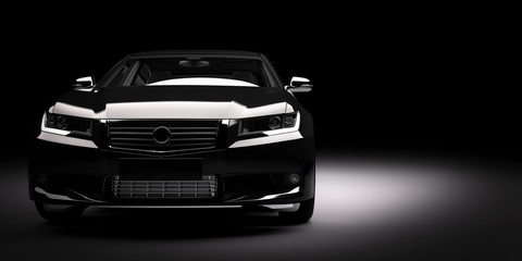 Obraz na płótnie Canvas New black metallic sedan car in spotlight. Modern desing, brandless.