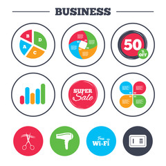 Business pie chart. Growth graph. Hotel services icons. Wi-fi, Hairdryer and deposit lock in room signs. Wireless Network. Hairdresser or barbershop symbol. Super sale and discount buttons. Vector