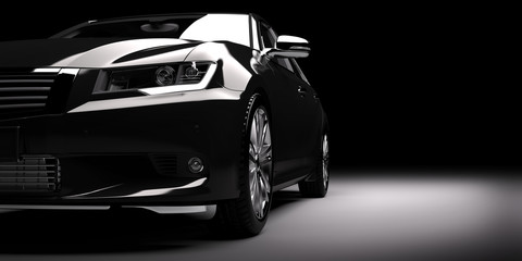 New black metallic sedan car in spotlight. Modern desing, brandless. - obrazy, fototapety, plakaty