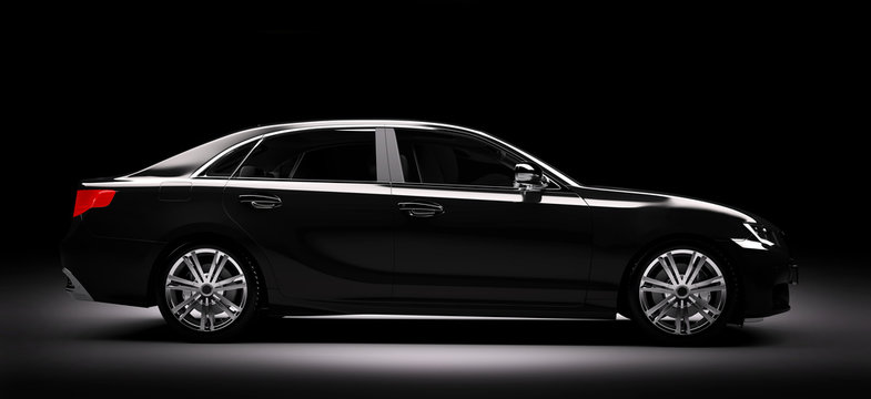 New black metallic sedan car in spotlight. Modern desing, brandless.
