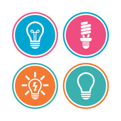 Light lamp icons. Fluorescent lamp bulb symbols. Energy saving. Idea and success sign. Colored circle buttons. Vector
