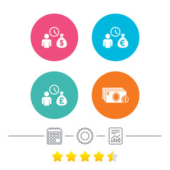 Bank loans icons. Cash money bag symbols. Borrow money sign. Get Dollar money fast. Calendar, cogwheel and report linear icons. Star vote ranking. Vector