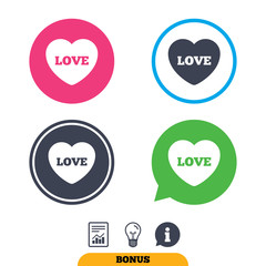 Heart sign icon. Love symbol. Report document, information sign and light bulb icons. Vector