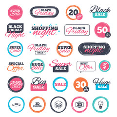 Sale shopping stickers and banners. 3d technology icons. Printer, rotation arrow sign symbols. Print cube. Website badges. Black friday. Vector