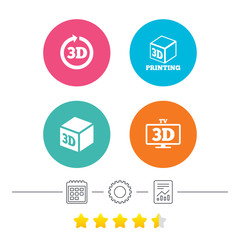 3d tv technology icons. Printer, rotation arrow sign symbols. Print cube. Calendar, cogwheel and report linear icons. Star vote ranking. Vector