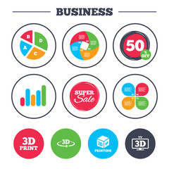 Business pie chart. Growth graph. 3d technology icons. Printer, rotation arrow sign symbols. Print cube. Super sale and discount buttons. Vector