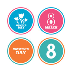 8 March Women's Day icons. Tulips or rose flowers bouquet sign symbols. Colored circle buttons. Vector